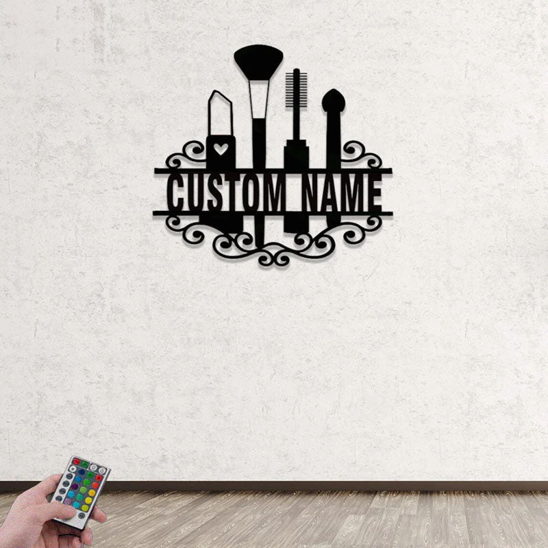 Custom Name Beauty Cosmetics And Makeup Salon, Metal Wall Signs With RGB Led Light