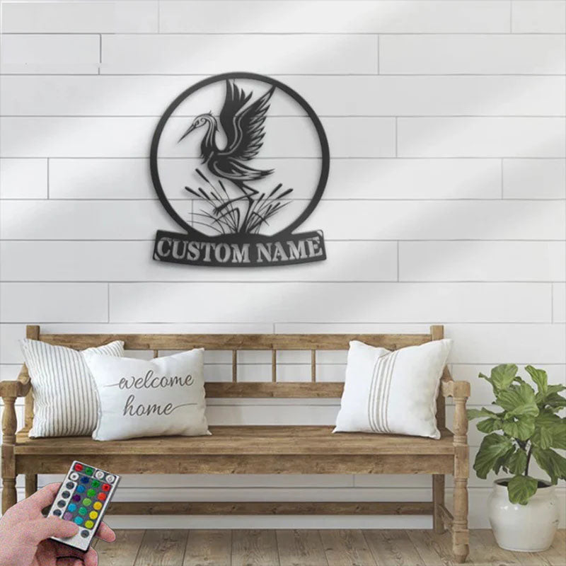 Custom Name Blue Heron Lover Name Sign Home Decor, Metal Wall Signs With RGB Led Light