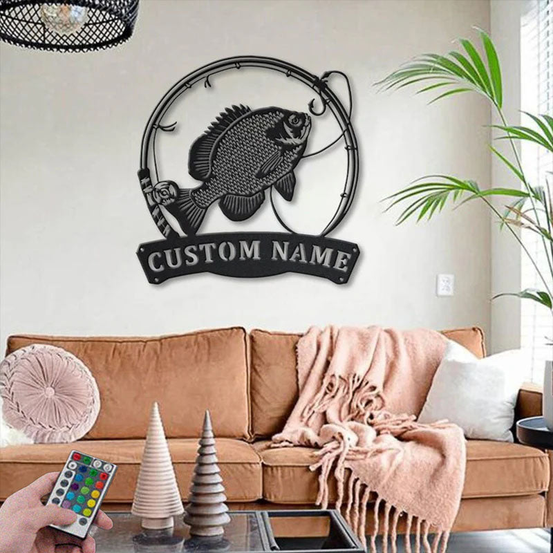 Custom Name Bluegill Fishing Fish Pole Metal Wall Signs With RGB Led Light