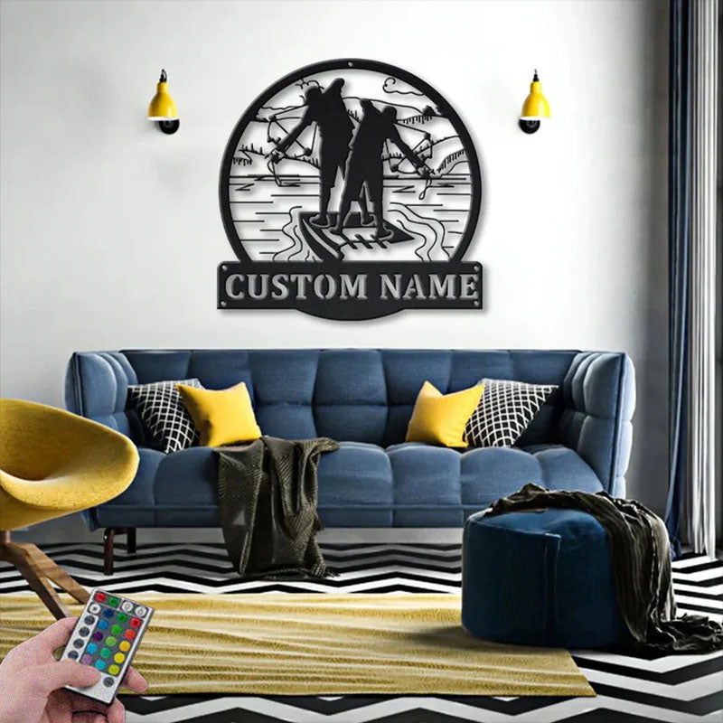 Custom Name Bowfishing Father And Son Metal Wall Signs With RGB Led Light
