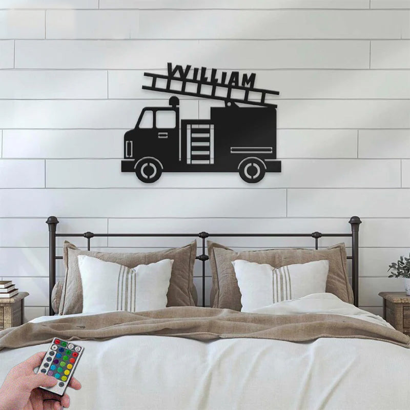 Custom Name Boy Vehicle Firetruck Name Sign Home Decor Metal Wall Signs With RGB Led Light