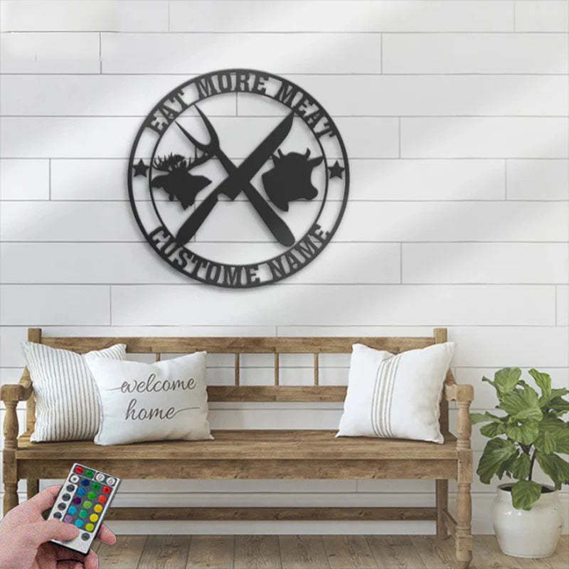 Custom Name Butcher Shop Name Sign Decor Barbecue BBQ, Metal Wall Signs With RGB Led Light