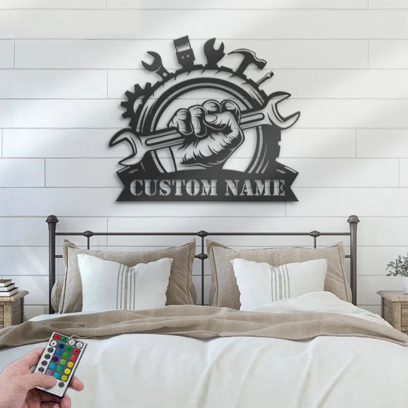 Custom Name Car Mechanic Handyman Name Sign Home Decor Metal Wall Signs With RGB Led Light