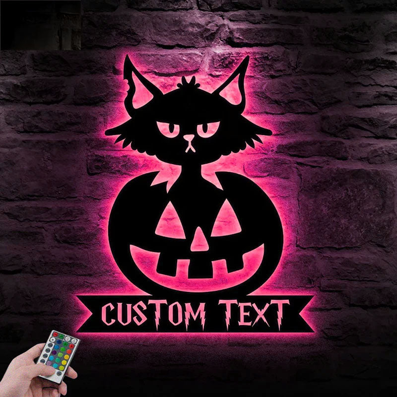 Custom Name Cat Pumkin, Metal Wall Signs With RGB Led Light