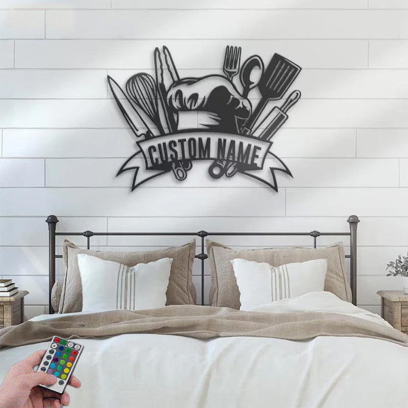 Custom Name Chef Tools Metal Wall Signs With RGB Led Light