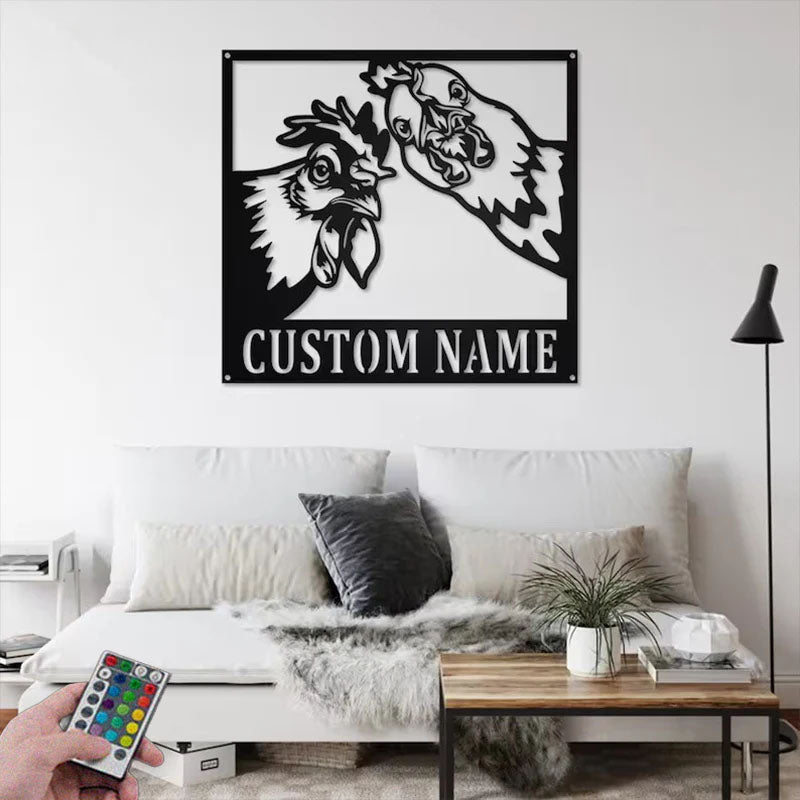 Custom Name Chicken Farm Name Sign Decoration For Room, Metal Wall Signs With RGB Led Light