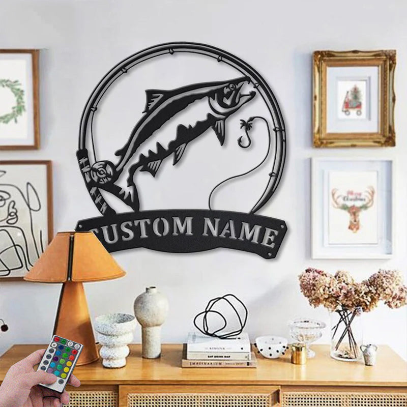 Custom Name Chinook Salmon Fish Pole Metal Wall Signs With RGB Led Light