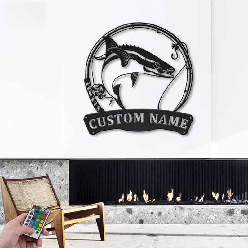 Custom Name Cobia Fishing Fish Pole Metal Wall Signs With RGB Led Light