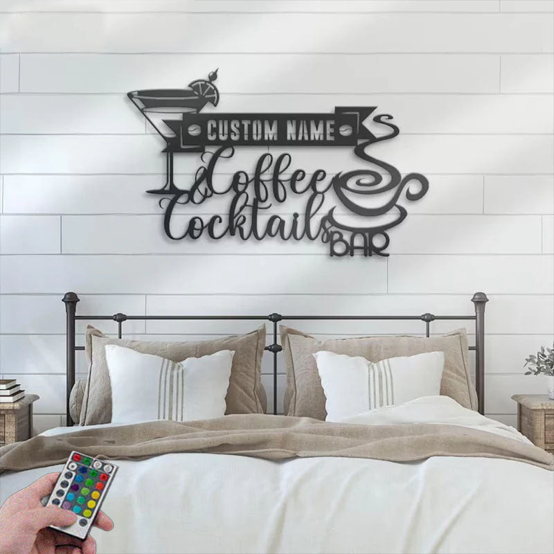 Custom Name Coffee Lover Name Sign Home Decor Kitchen Metal Wall Signs With RGB Led Light
