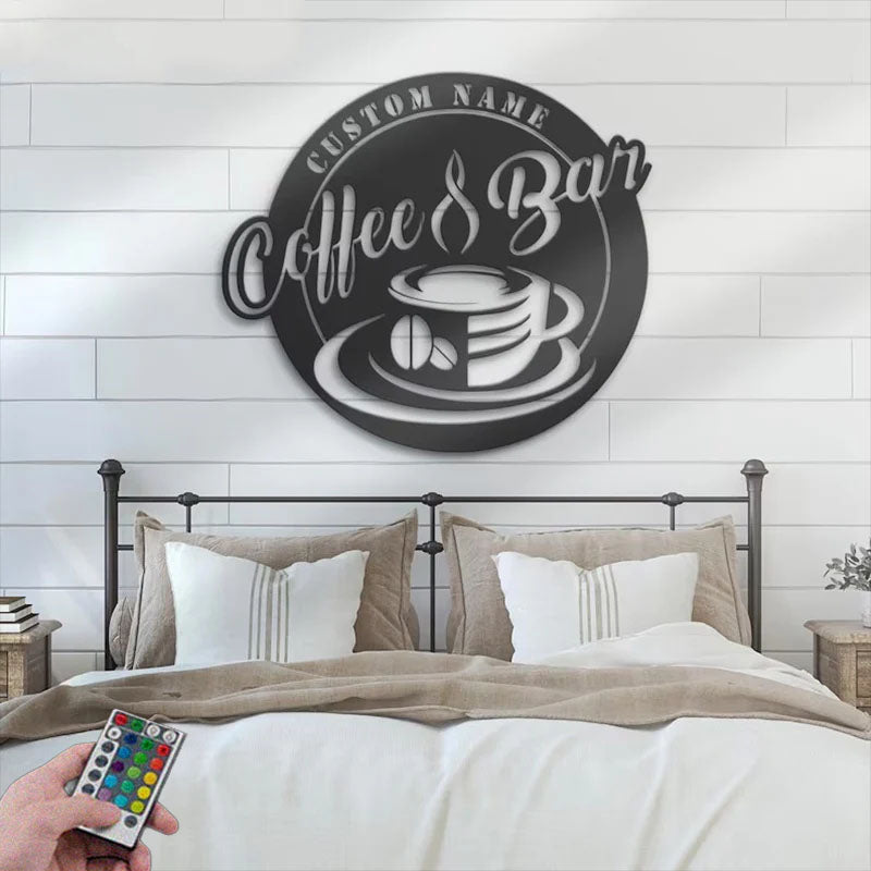 Custom Name Coffee Lover Name Sign Home Decor Kitchen Metal Wall Signs With RGB Led Light