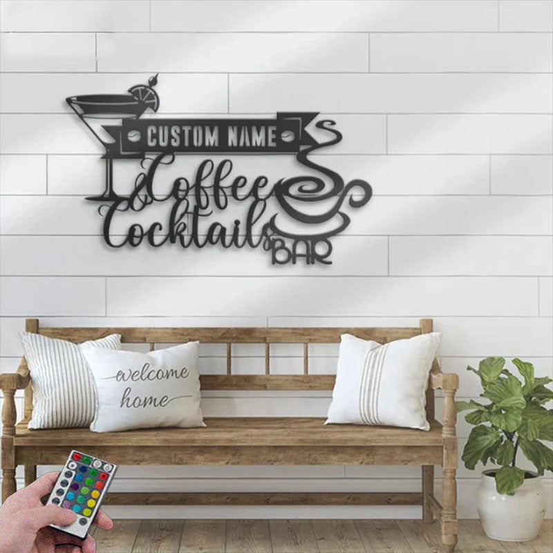 Custom Name Coffee Lover Name Sign Home Decor Kitchen, Metal Wall Signs With RGB Led Light