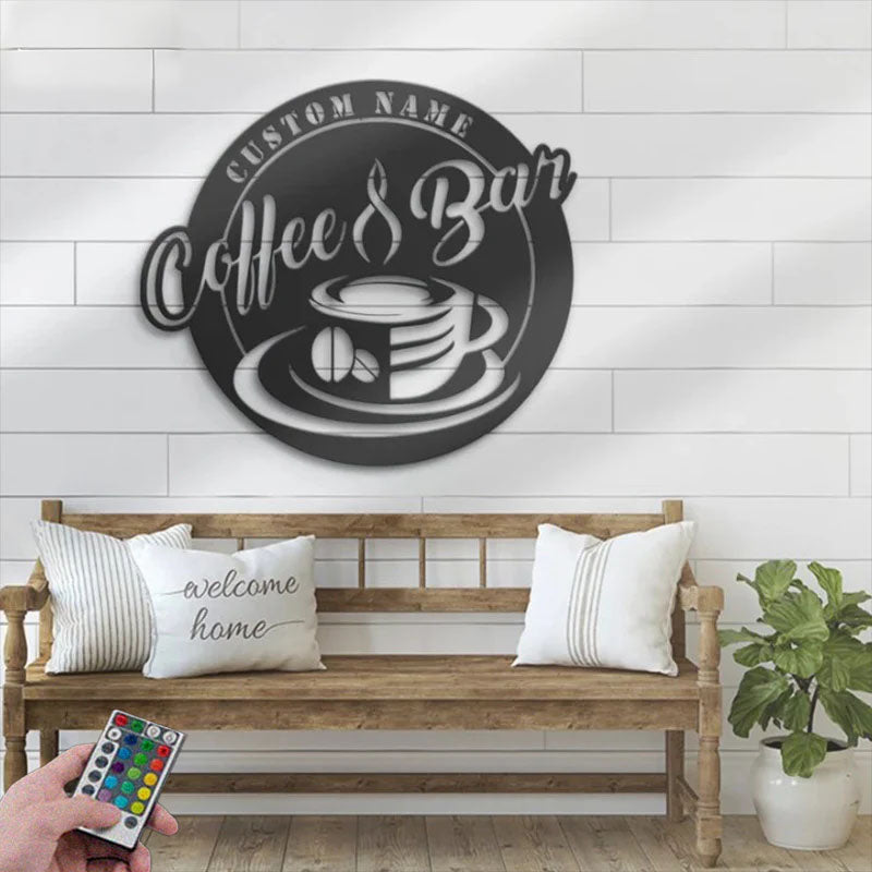 Custom Name Coffee Lover Name Sign Home Decor Kitchen, Metal Wall Signs With RGB Led Light