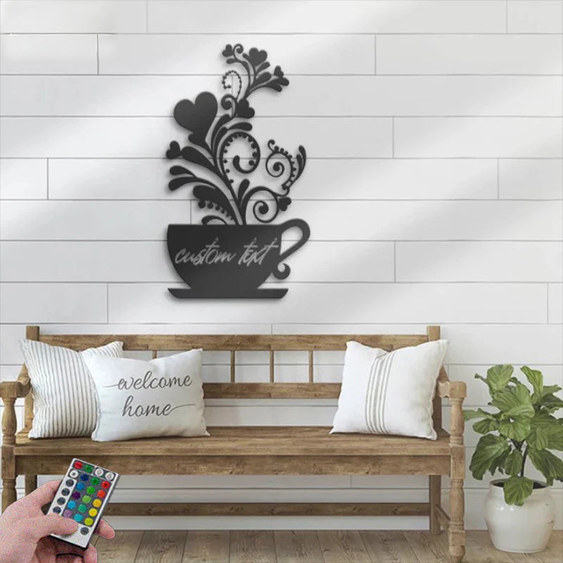 Custom Name Coffee Lover Name Sign Home Decor Kitchen, Metal Wall Signs With RGB Led Light