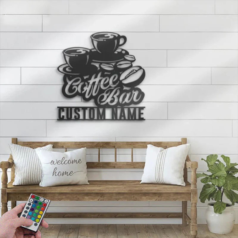 Custom Name Coffee Lover Name Sign Home Decor Kitchen, Metal Wall Signs With RGB Led Light