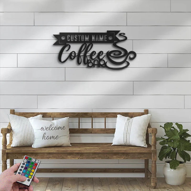 Custom Name Coffee Lover Name Sign Home Decor Metal Wall Signs With RGB Led Light