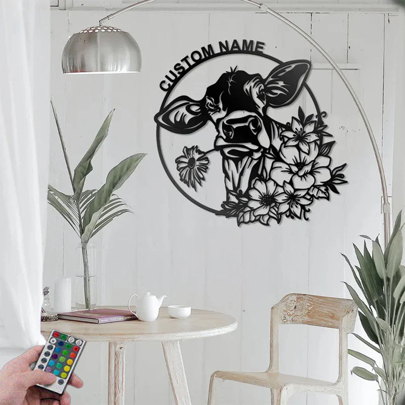 Custom Name Cow Metal Art Wall Decor, Diary Farm Indoor, Outdoor Decor, Metal Wall Signs With RGB Led Light