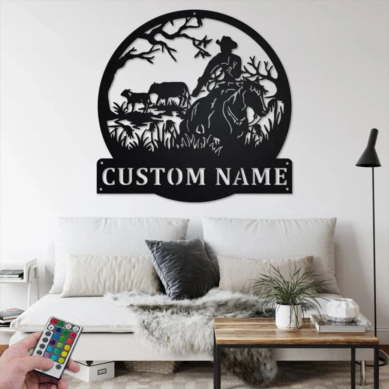 Custom Name Cowboy Name Sign Decoration For Room, Metal Wall Signs With RGB Led Light