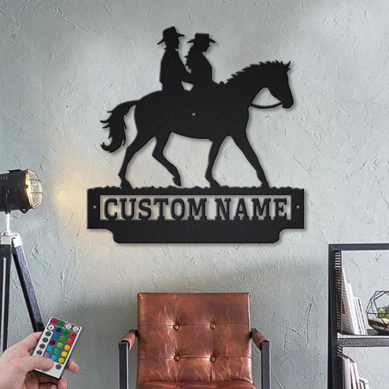 Custom Name Cowboy and Cowgirl Riding A Horse, Metal Wall Signs With RGB Led Light