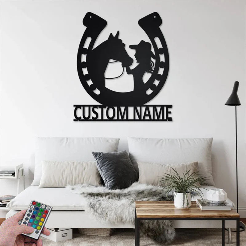 Custom Name Cowgirl Name Sign Decoration For Room, Metal Wall Signs With RGB Led Light