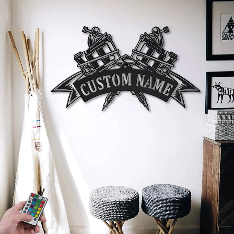 Custom Name Crossed Tattoo Machine Metal Wall Signs With RGB Led Light