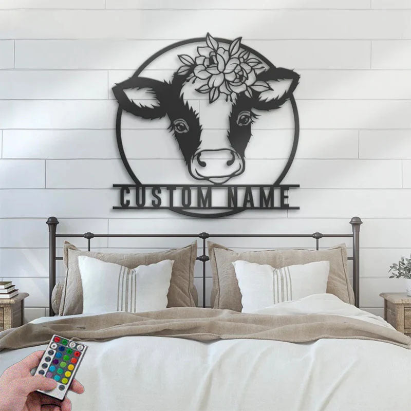 Custom Name Cute Calf Farm Name Sign Home Decor Heifer Barn, Metal Wall Signs With RGB Led Light