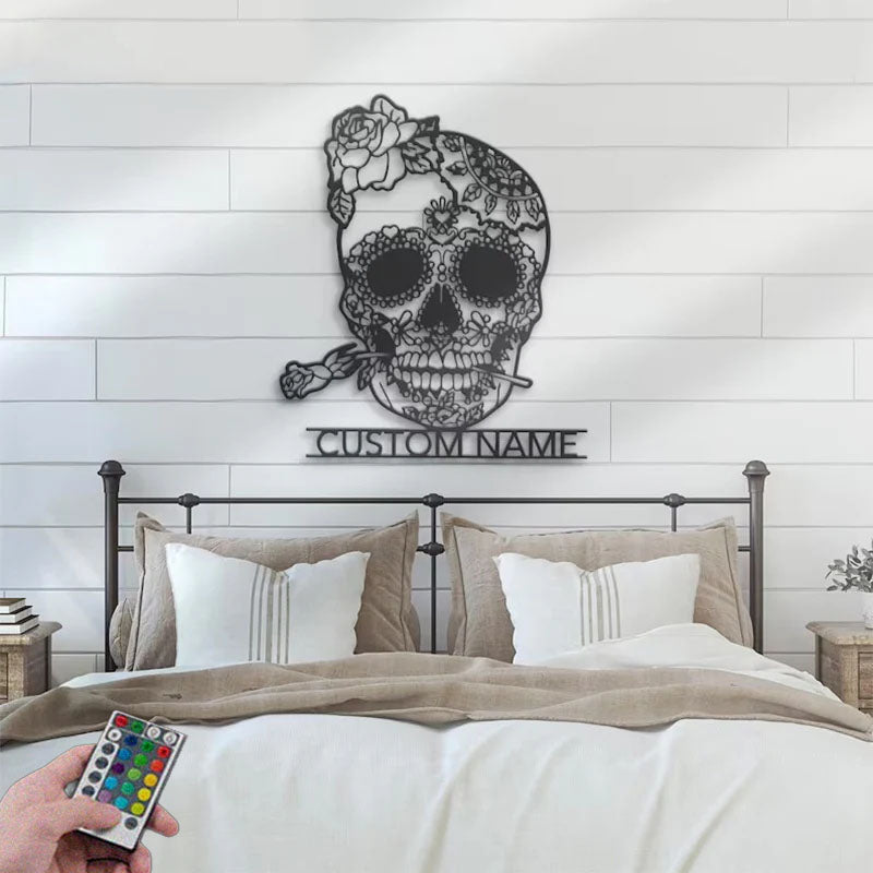 Custom Name Day of the Dead Sign Home Decor Sugar Skull With Rose Metal Wall Signs With RGB Led Light
