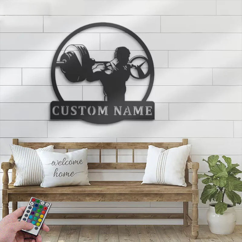 Custom Name Deadlift Barbell Name Sign Home Decor Bodybuilding Gym Fitness Metal Wall Signs With RGB Led Light