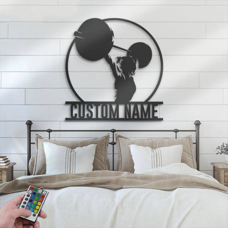 Custom Name Deadlift Barbell Name Sign Home Decor Bodybuilding Gym Fitness Metal Wall Signs With RGB Led Light