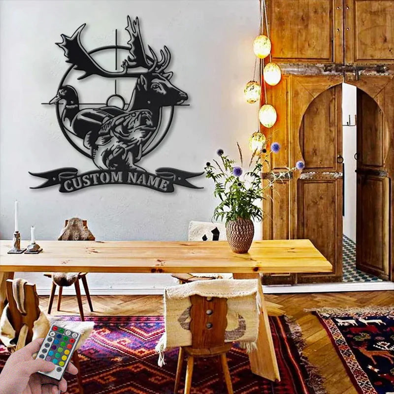 Custom Name Deer Duck Fish Hunting Metal Wall Signs With RGB Led Light
