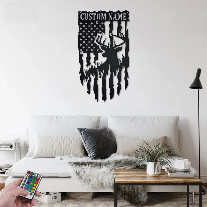 Custom Name Deer Hunter Decoration For Room Metal Wall Signs With RGB Led Light