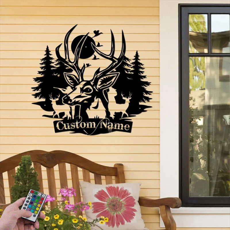 Custom Name Deer, Hunting Lover Metal Wall Signs With RGB Led Light