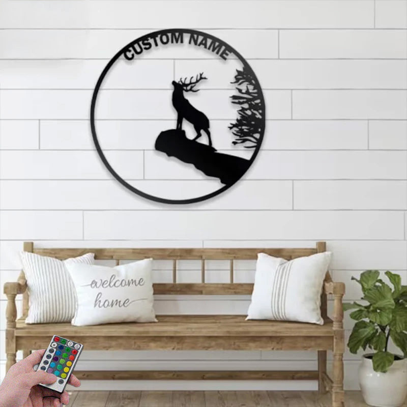 Custom Name Deer and Moon Metal Wall Signs With RGB Led Light