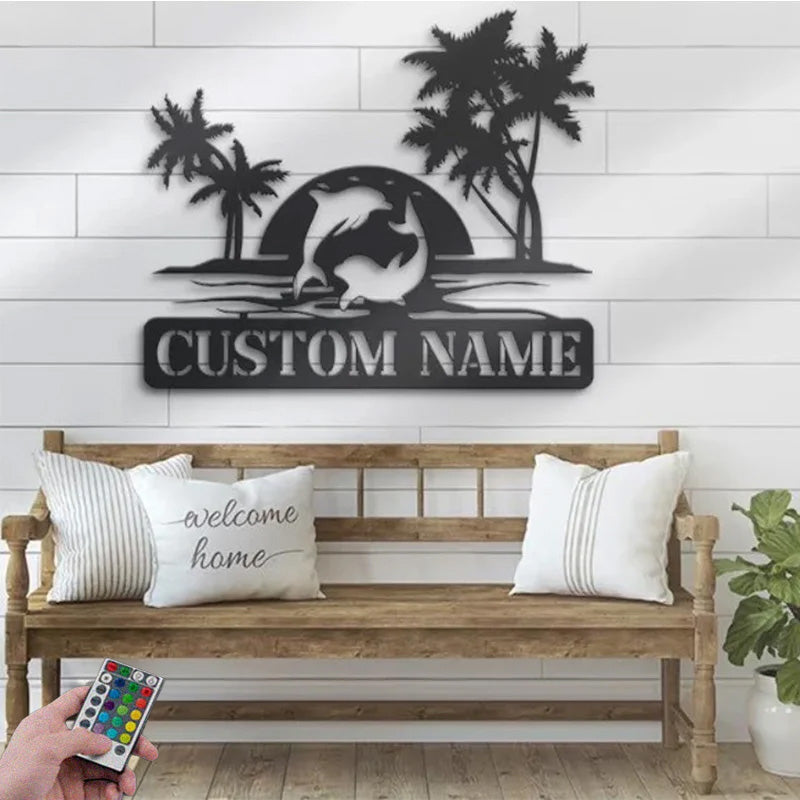 Custom Name Dolphin Couple on Beach in Aurora Metal Wall Signs With RGB Led Light