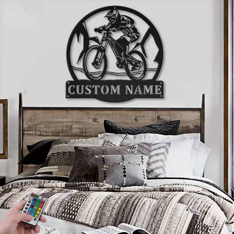 Custom Name Downhill Mountain Biking Metal Wall Signs With RGB Led Light