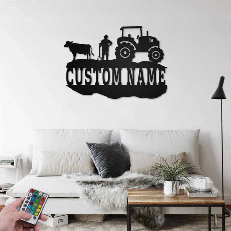 Custom Name Farmer Name Sign Decoration For Room, Metal Wall Signs With RGB Led Light