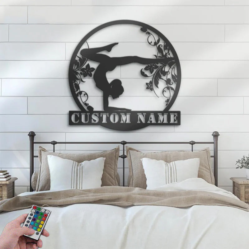 Custom Name Female Gymnastics Fitness Metal Wall Signs With RGB Led Light
