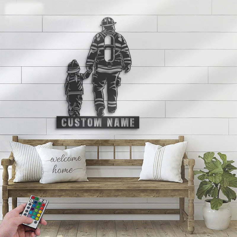 Custom Name Firefighter Father And Daughter Metal Wall Signs With RGB Led Light