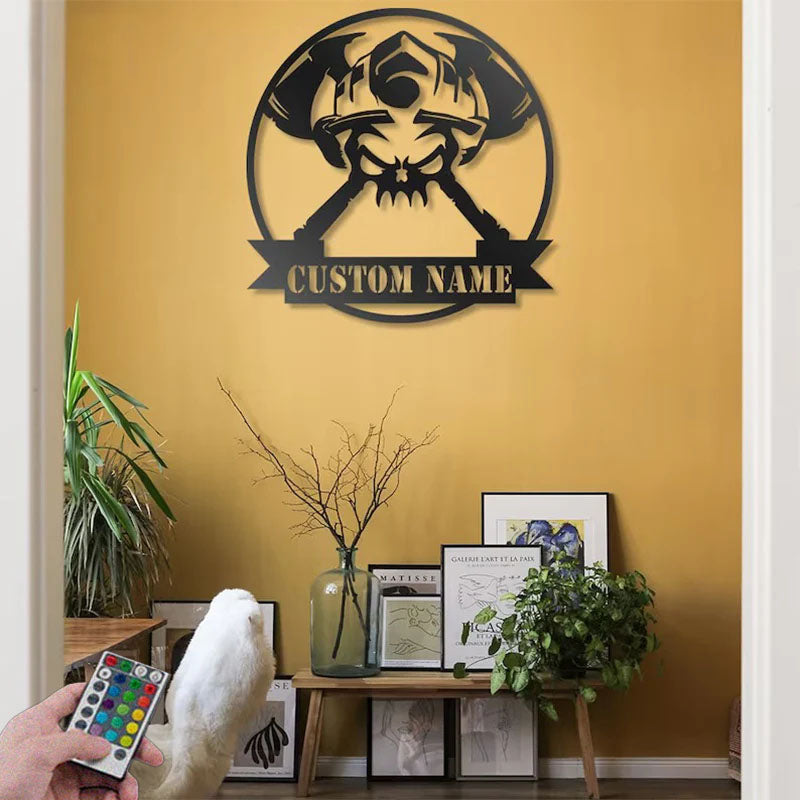 Custom Name Firefighter Skull Metal Wall Signs With RGB Led Light