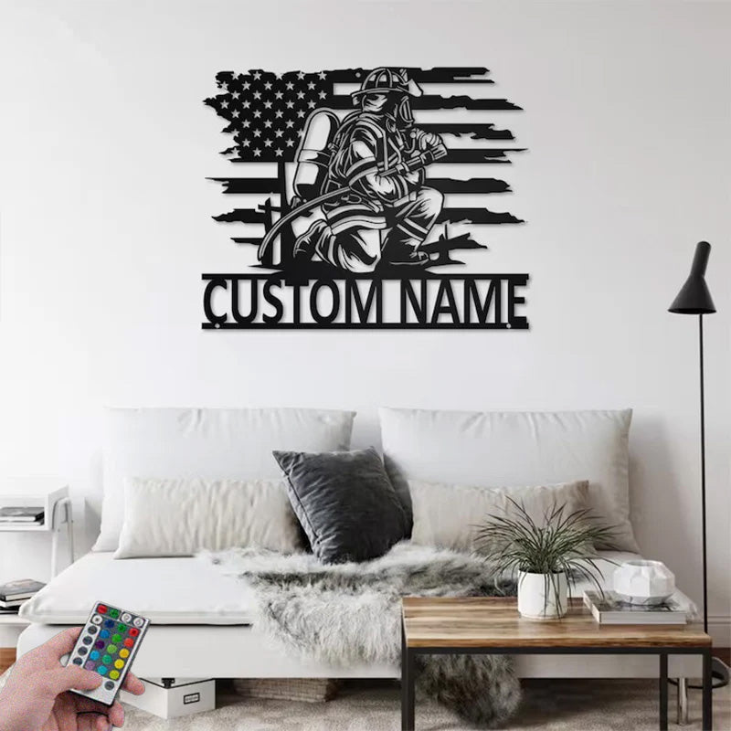 Custom Name Fireman Name Sign Decoration For Room, Metal Wall Signs With RGB Led Light