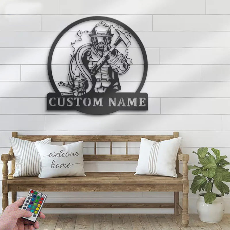 Custom Name Fireman Name Sign Home Decor Fire Department, Metal Wall Signs With RGB Led Light