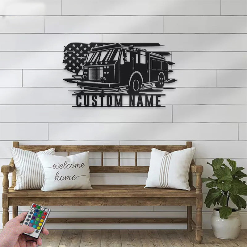 Custom Name Fireman Name Sign Home Decor Firefighter Metal Wall Signs With RGB Led Light