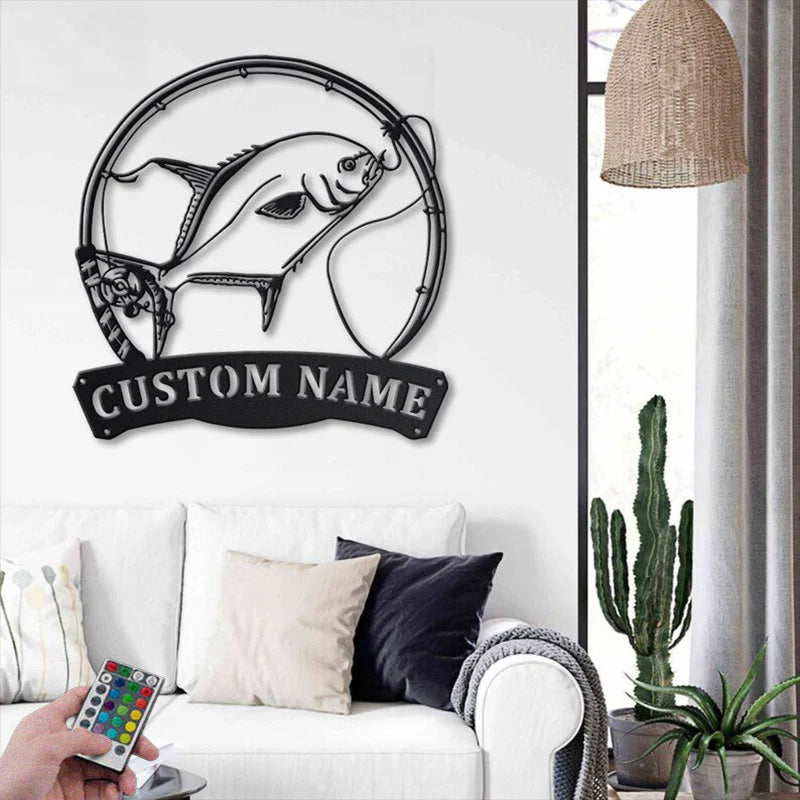 Custom Name Florida Pompano Fish Pole Metal Wall Signs With RGB Led Light