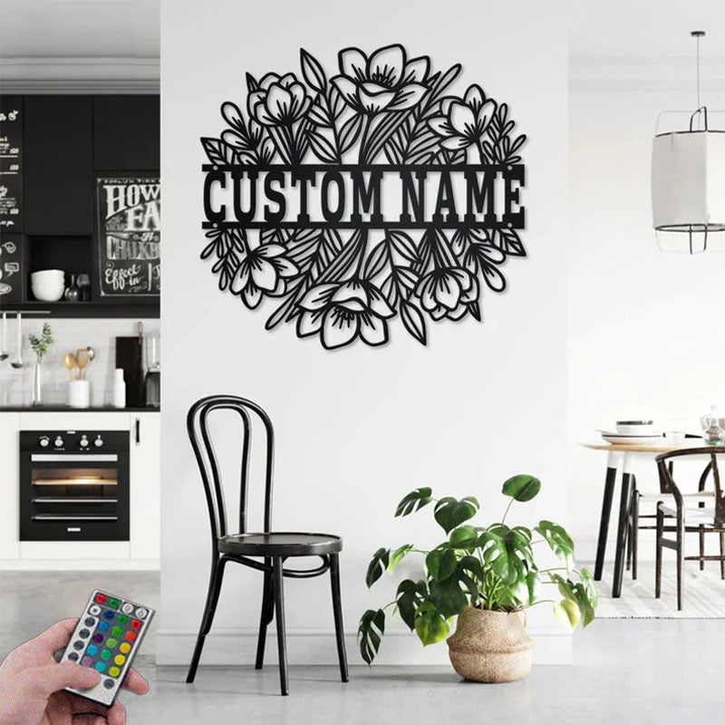 Custom Name Flower Border Name Sign Decoration For Room, Metal Wall Signs With RGB Led Light
