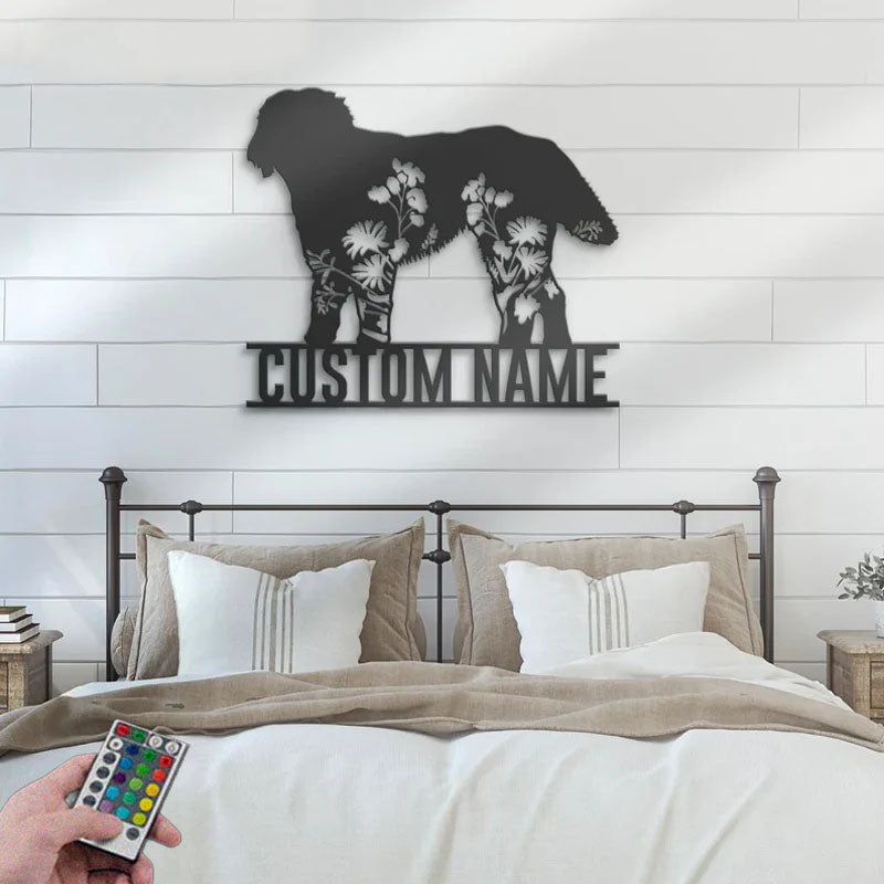Custom Name Flower Dog Lover Name Sign Home Decor, Metal Wall Signs With RGB Led Light