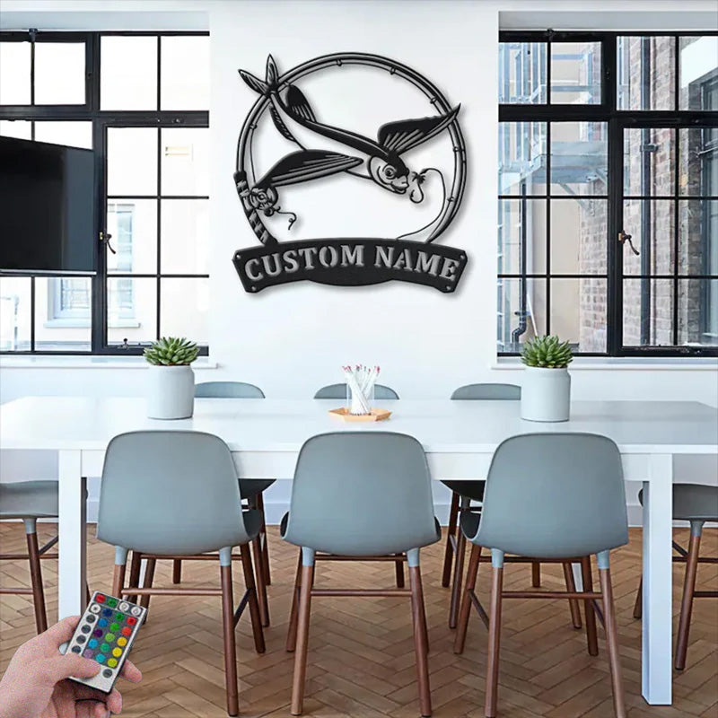 Custom Name Flying Fishing Fish Pole Metal Wall Signs With RGB Led Light
