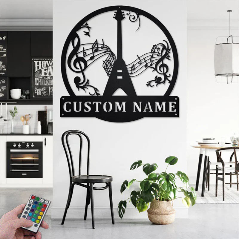 Custom Name Flying V Guitar Name Sign Decoration For Room, Metal Wall Signs With RGB Led Light