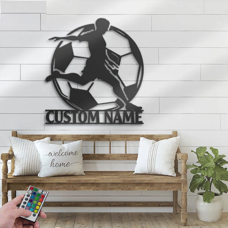 Custom Name Football Player Lover Sign Home Decor, Metal Wall Signs With RGB Led Light