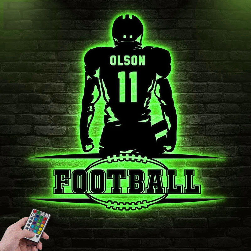 Custom Name Football Player Wall Decor, Metal Wall Signs With RGB Led Light