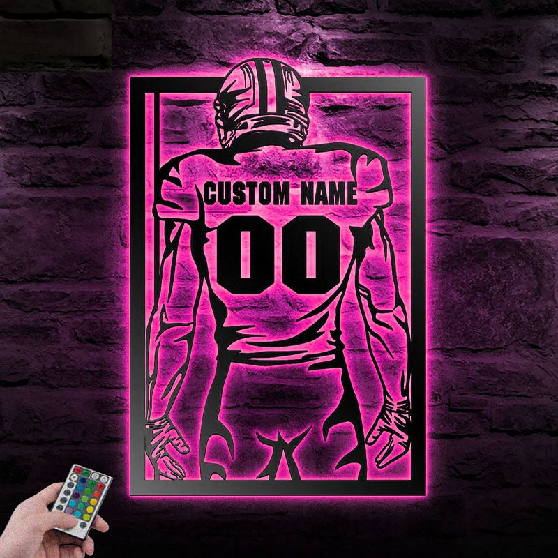 Custom Name Football Player Wall Decor, Metal Wall Signs With RGB Led Light