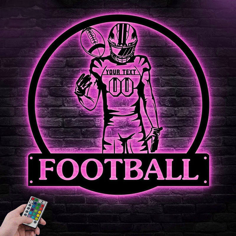 Custom Name Football Player Wall Decor, Metal Wall Signs With RGB Led Light